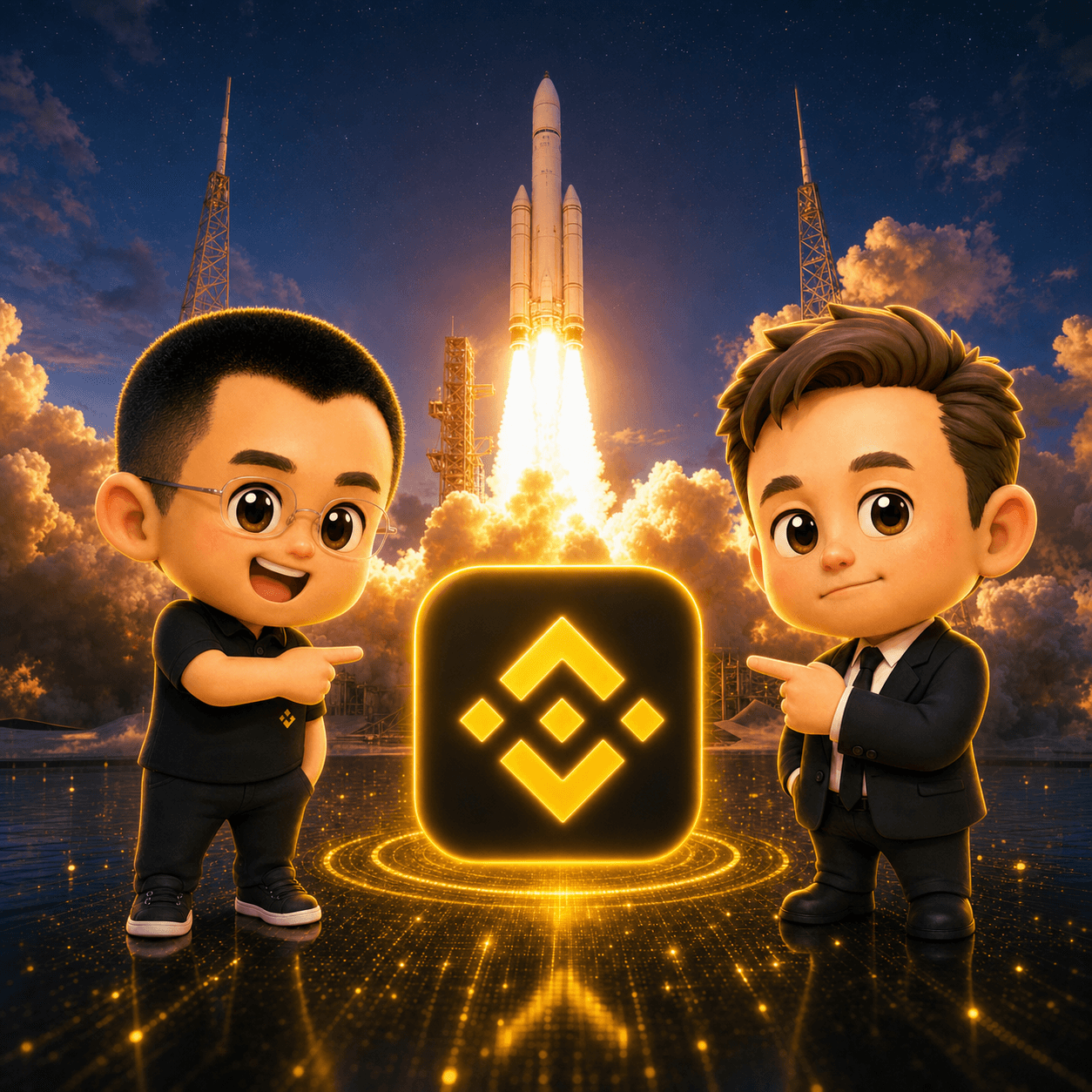火箭升空前，两位币友指向币安标志